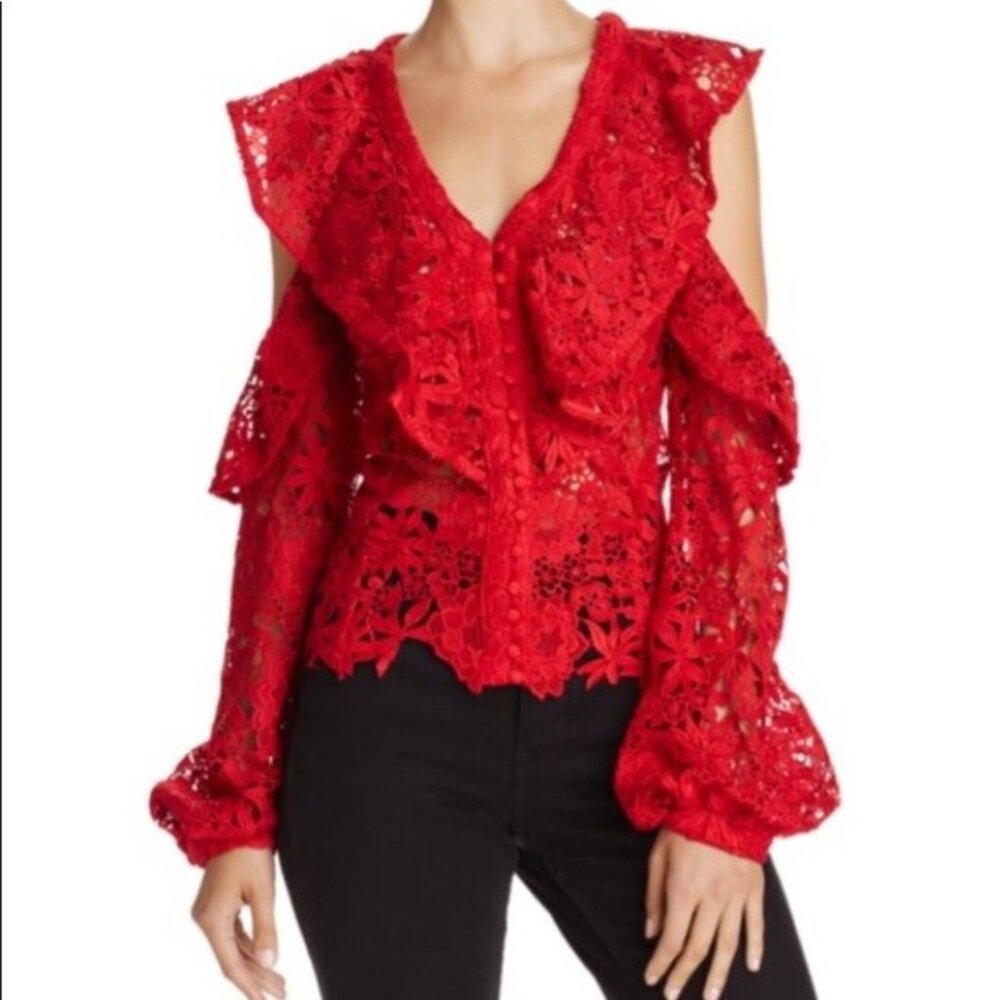 Bardot Red Lace Cold-Shoulder Ruffled Blouse - Picture 3 of 13
